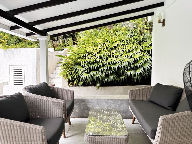 Cane sofas on a shaded verandah beside a wall of green
